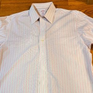 Brooks Brothers men's dress shirt, 15 1/2 35, barrel cuff/cuff link, wht/red/gry